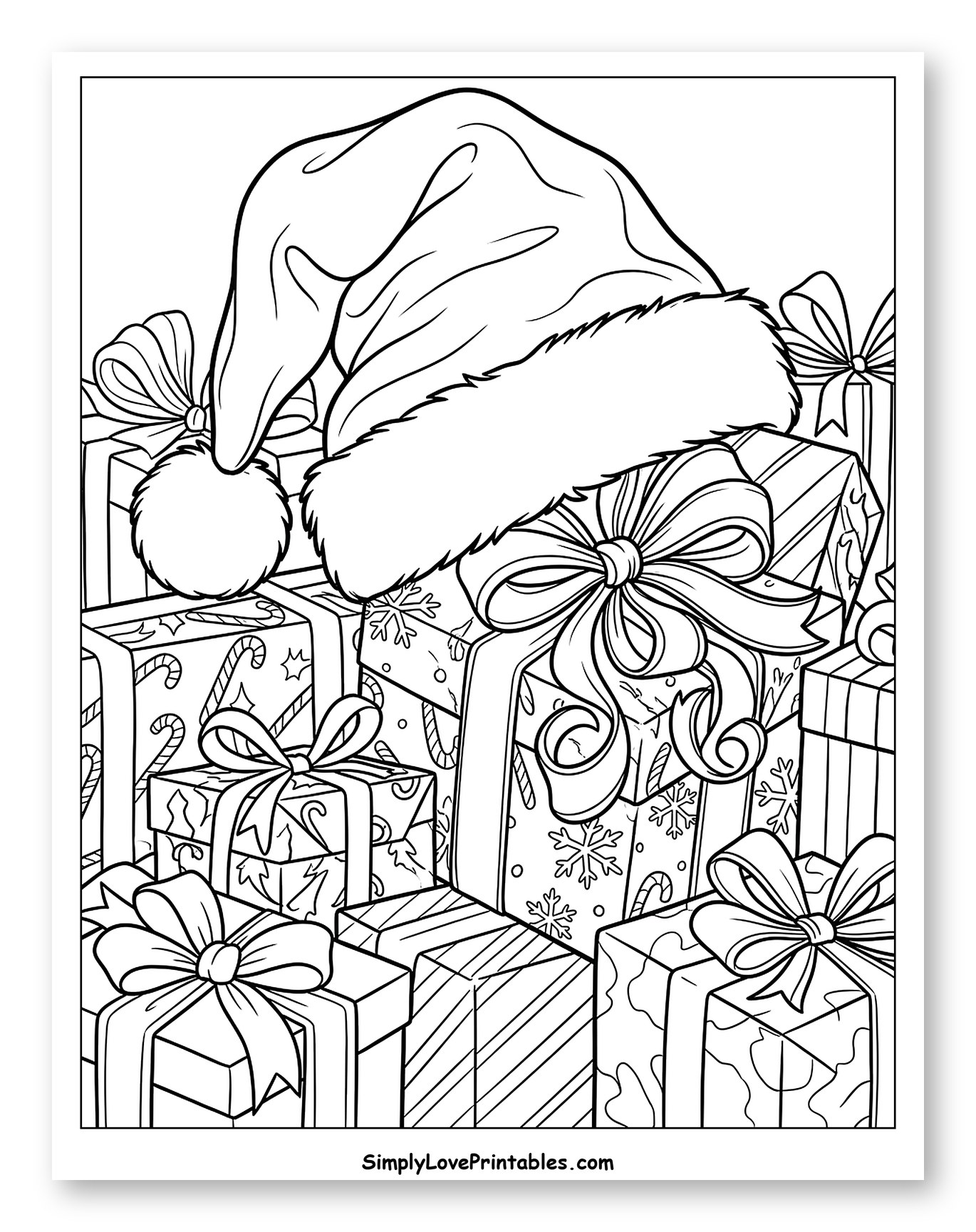 Festive Santa Hat Resting on Christmas Gifts Coloring Sheet
