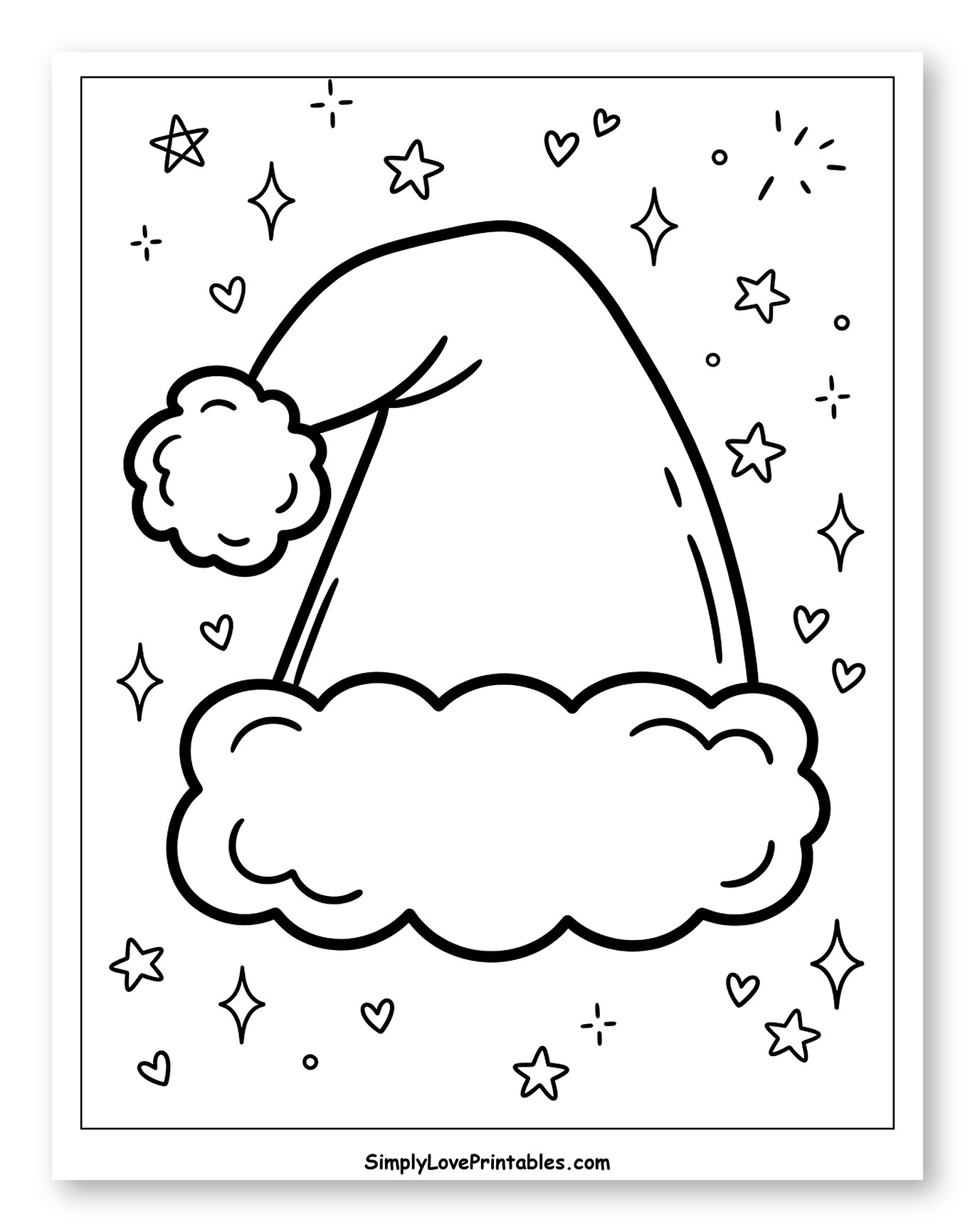 Festive Santa Hat Surrounded by Stars and Hearts to Color for Adults