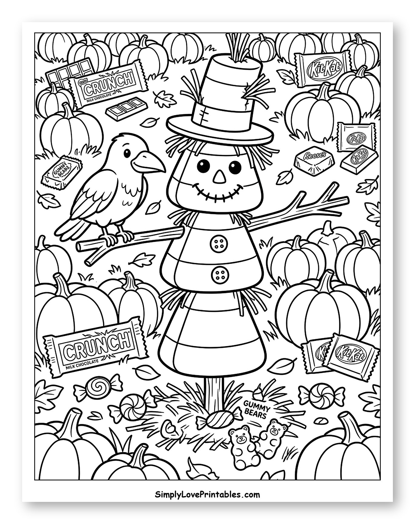 Festive Scarecrow, Pumpkins, Crow, and Candies to Color for Kids