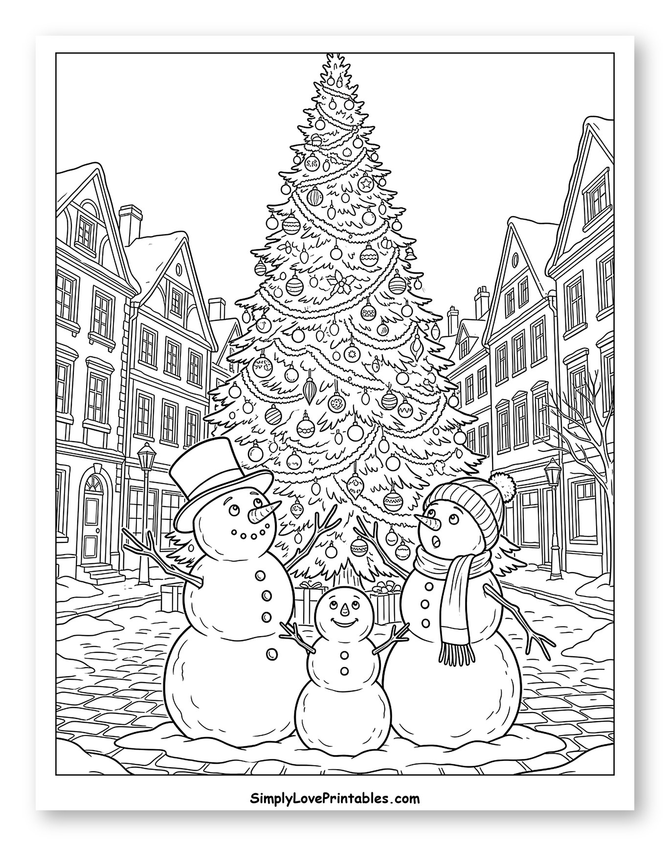 Festive Snowman Family by the Christmas Tree