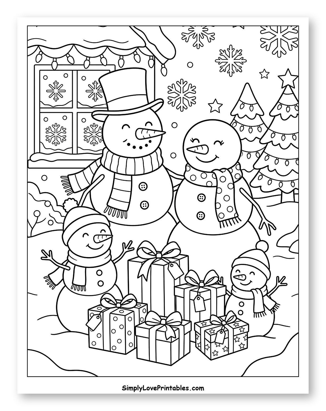 Festive Snowman Family with Christmas Gifts to Color for Kids