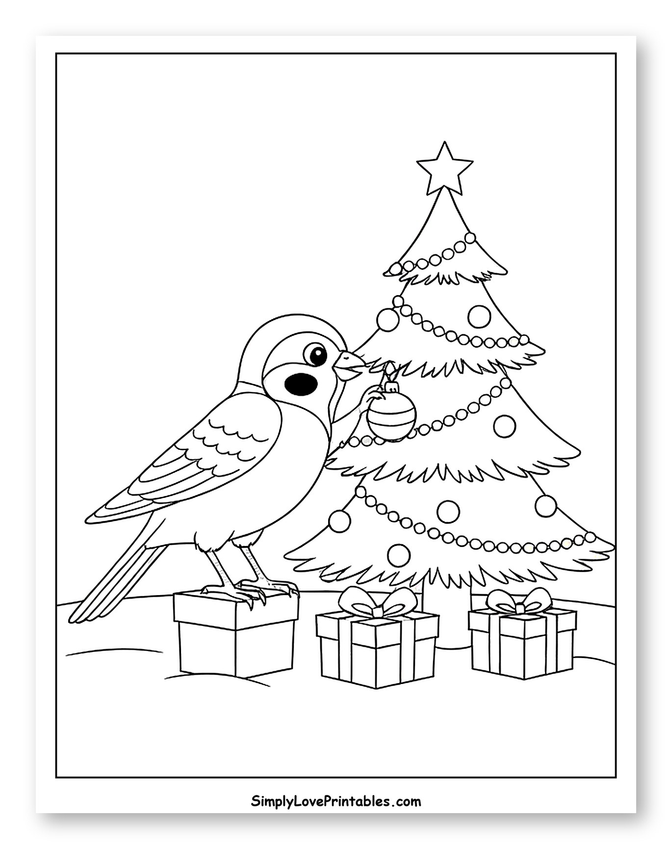 Festive Sparrow Hanging Ornament on Christmas Tree Coloring Sheet for Kids