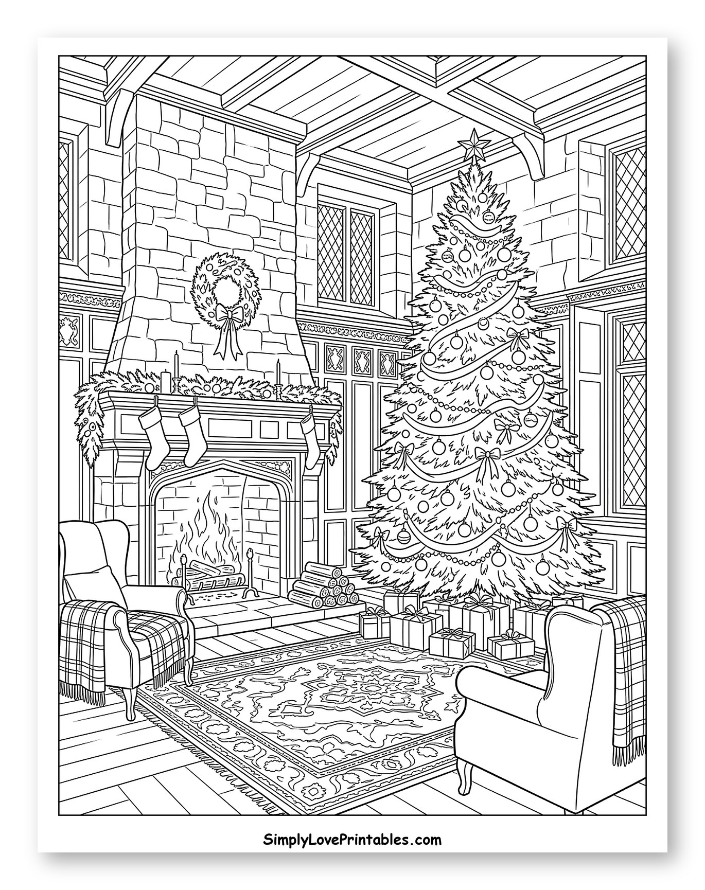 Festive Stone Fireplace and Christmas Tree