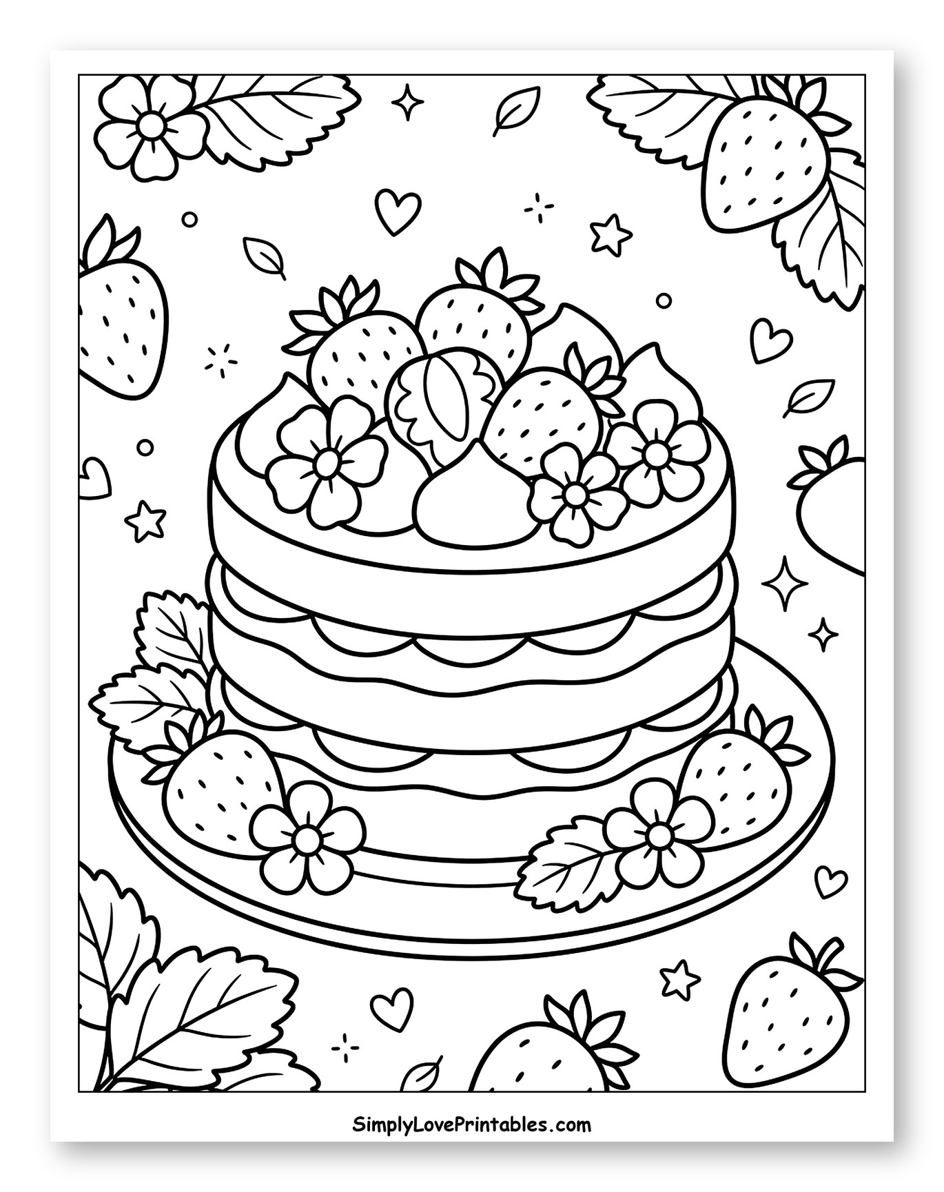 Festive Strawberry Cake with Berries and Flowers to Color for Adults