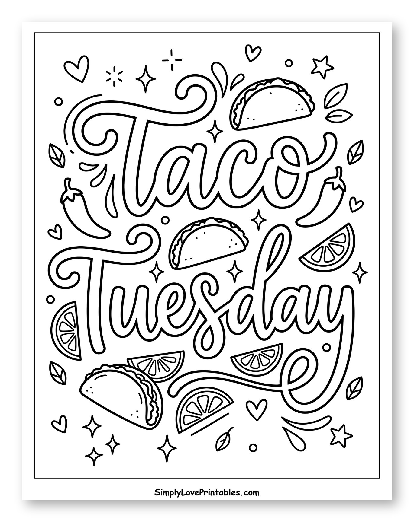 Festive Taco Tuesday Calligraphy with Food Accents Coloring Sheet for Adults