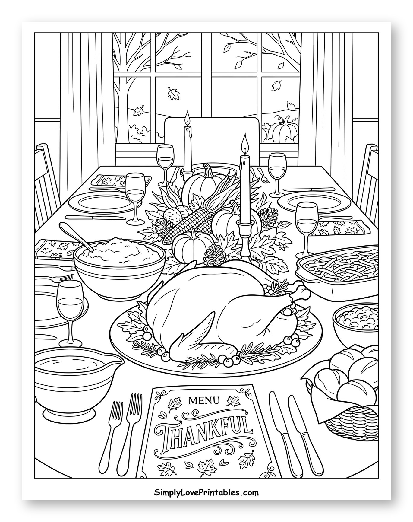 Festive Thanksgiving Dinner Table with Roasted Turkey Coloring Sheet