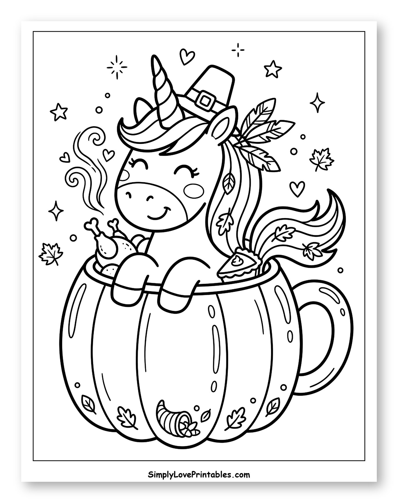 Festive Thanksgiving Unicorn in a Pumpkin Mug Coloring Page for Adults