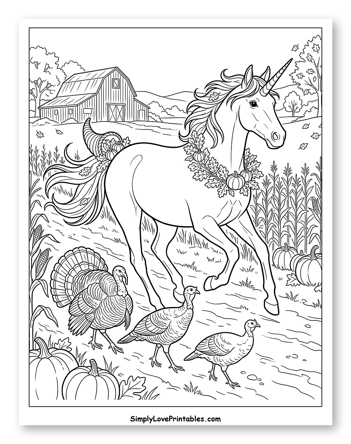 Festive Thanksgiving Unicorn with Friendly Turkeys Coloring Sheet