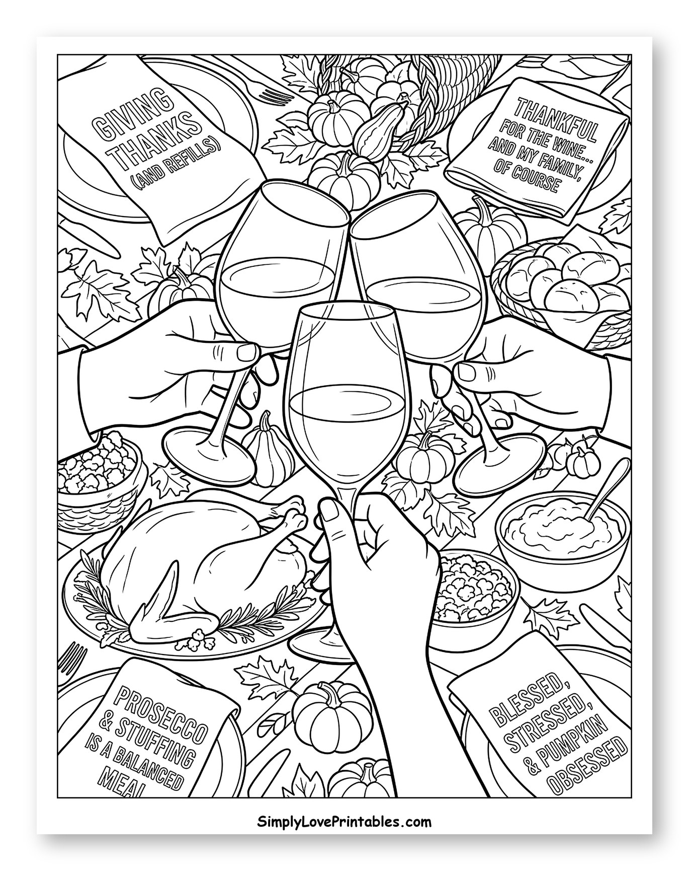 Festive Thanksgiving Wine Toast and Feast Coloring Page