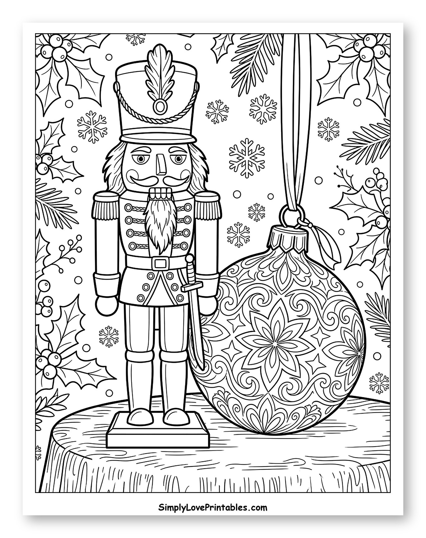 Festive Toy Nutcracker and Ornate Christmas Ornament Coloring Page
