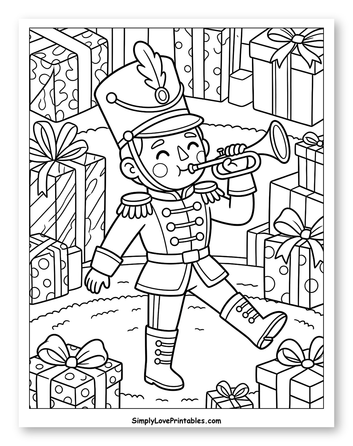 Festive Toy Soldier Playing Trumpet Among Gifts
