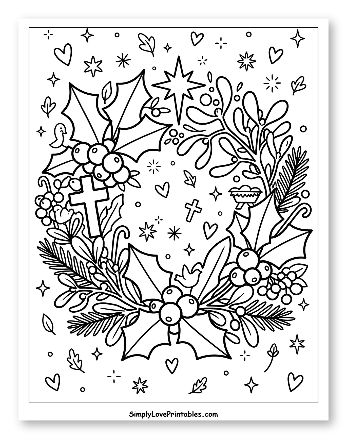 Festive Wreath with Christmas and Religious Symbols Coloring Sheet for Adults