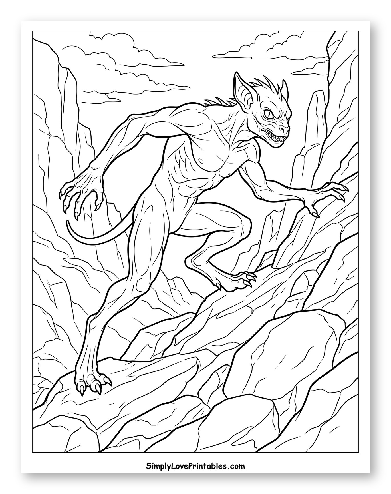 Fierce Chupacabra Monster Scaling Rocky Outcrop