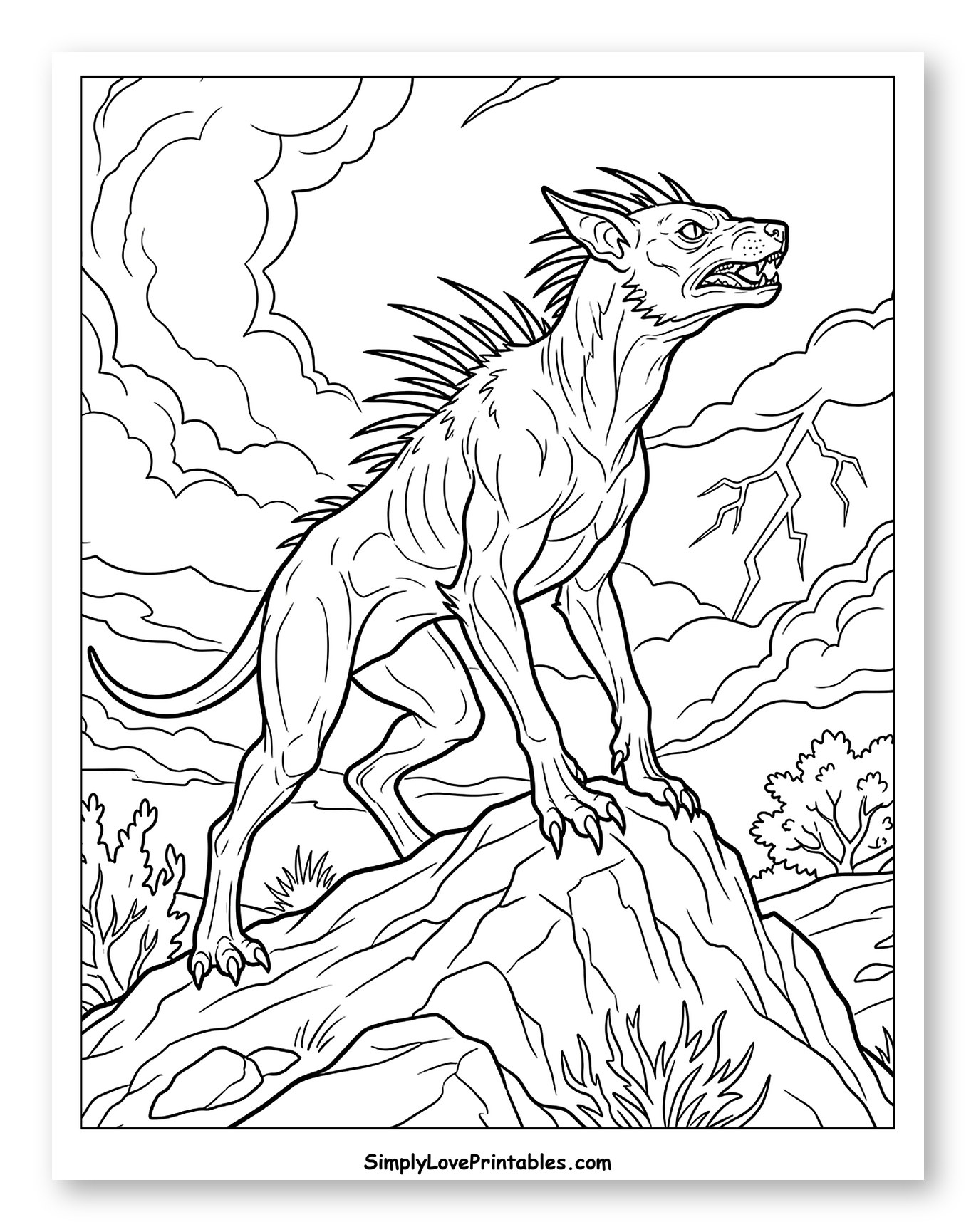 Fierce Chupacabra on a Stormy Mountain Coloring Sheet