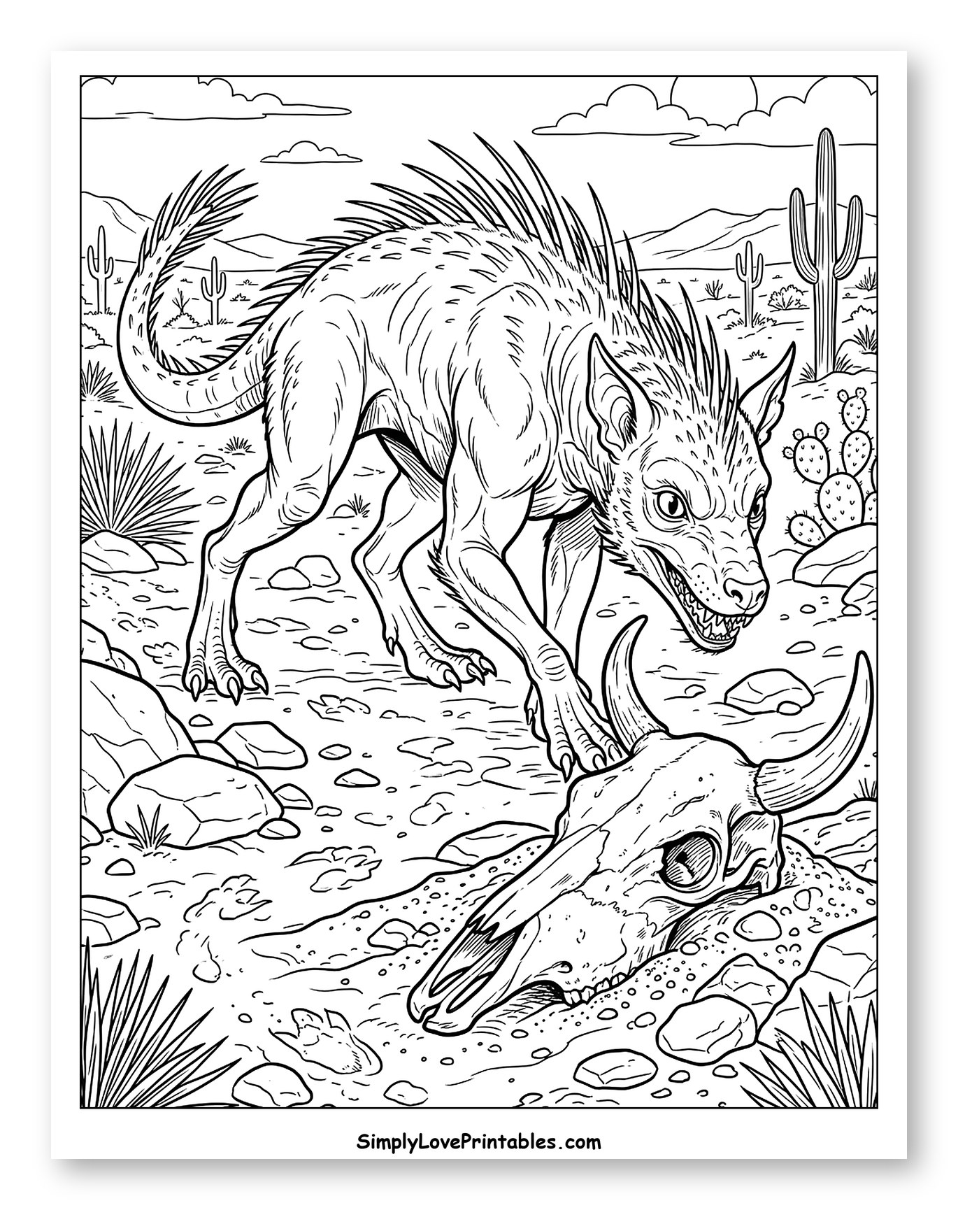 Fierce Chupacabra Over Bull Skull to Color