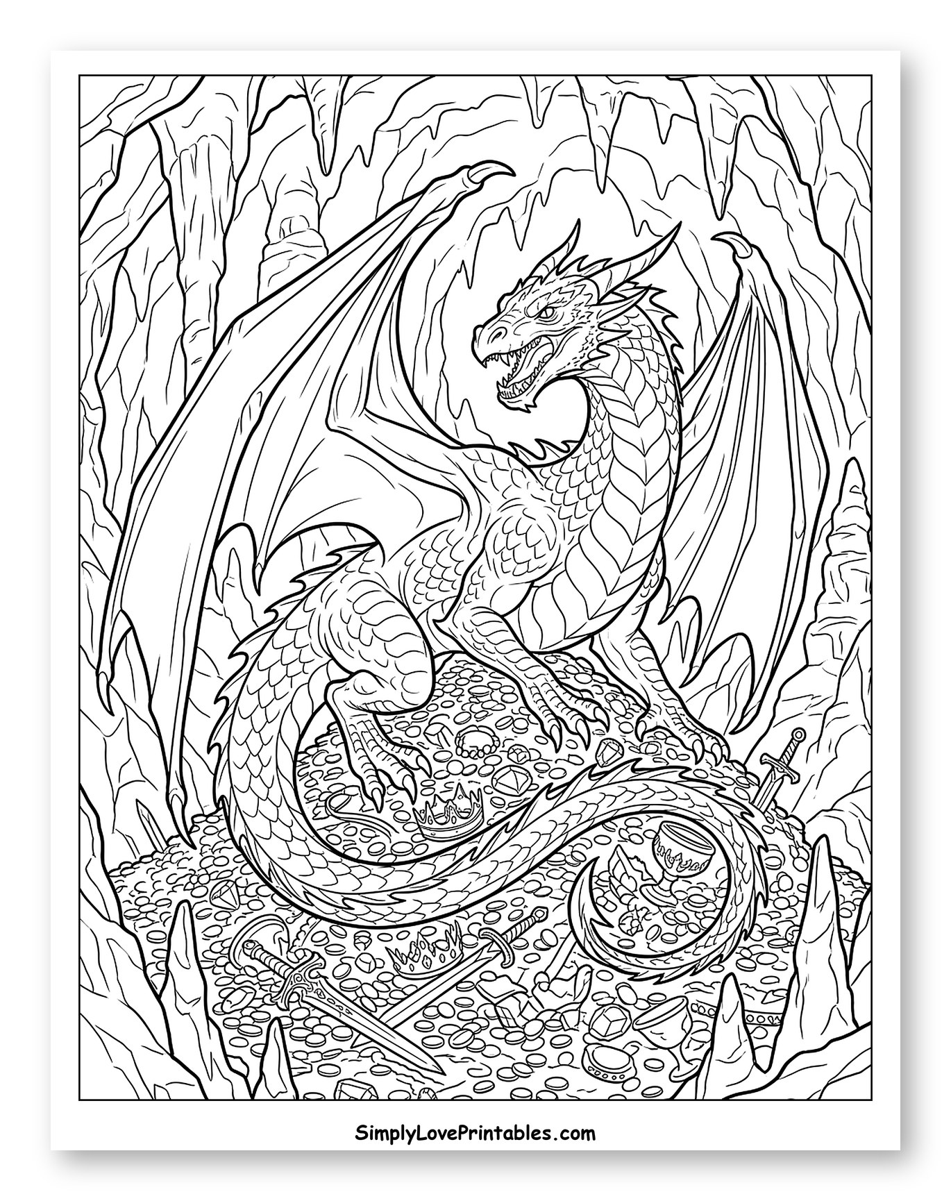 Fierce Dragon Guarding Treasure in a Cave to Color