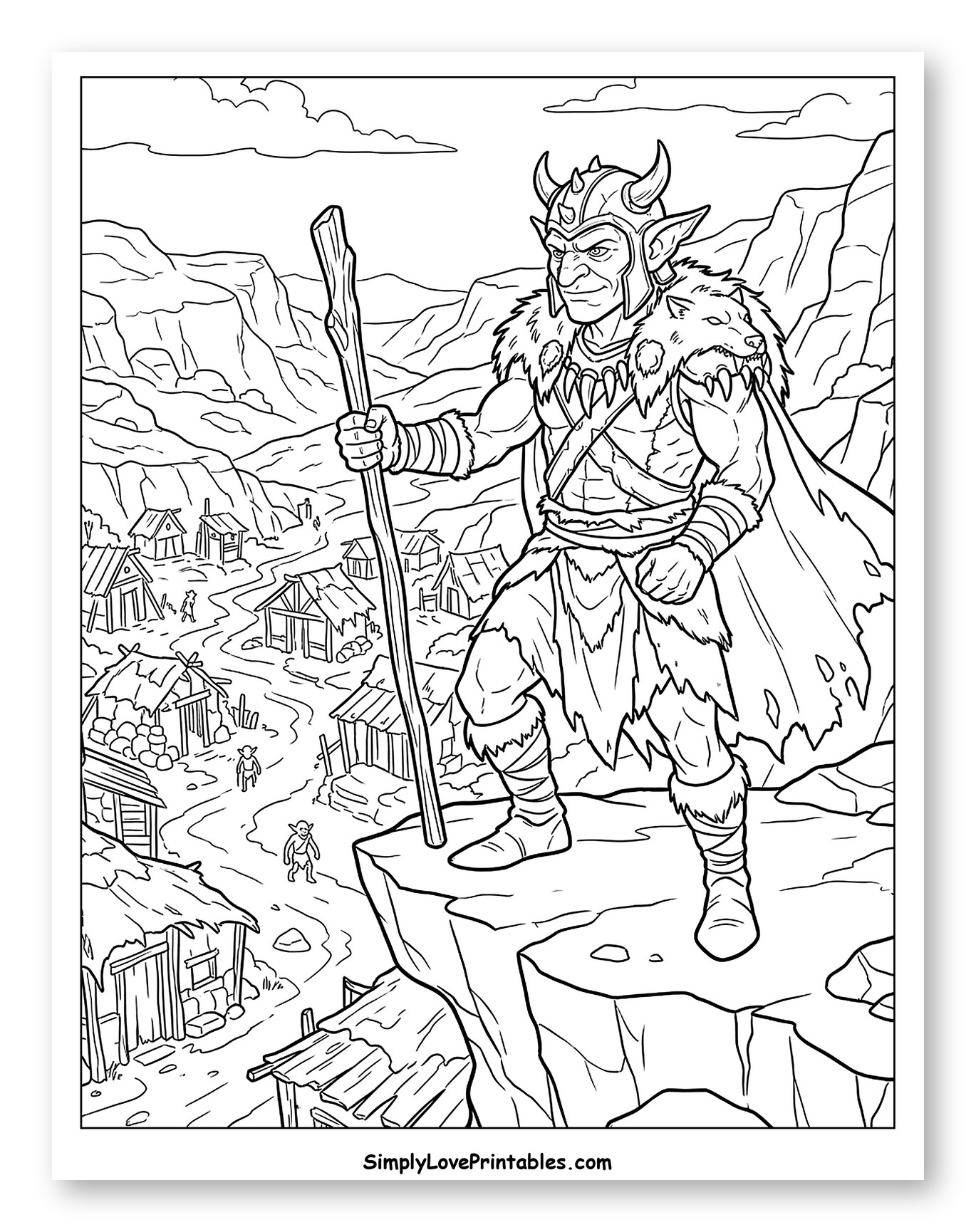 Fierce Goblin Chief Above Village Coloring Sheet