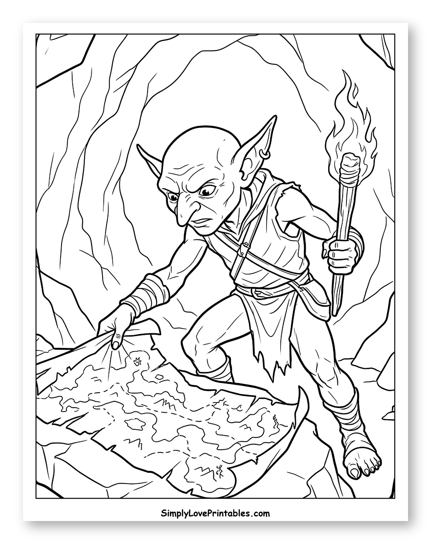Fierce Goblin Discovering Treasure Map in Cave to Color