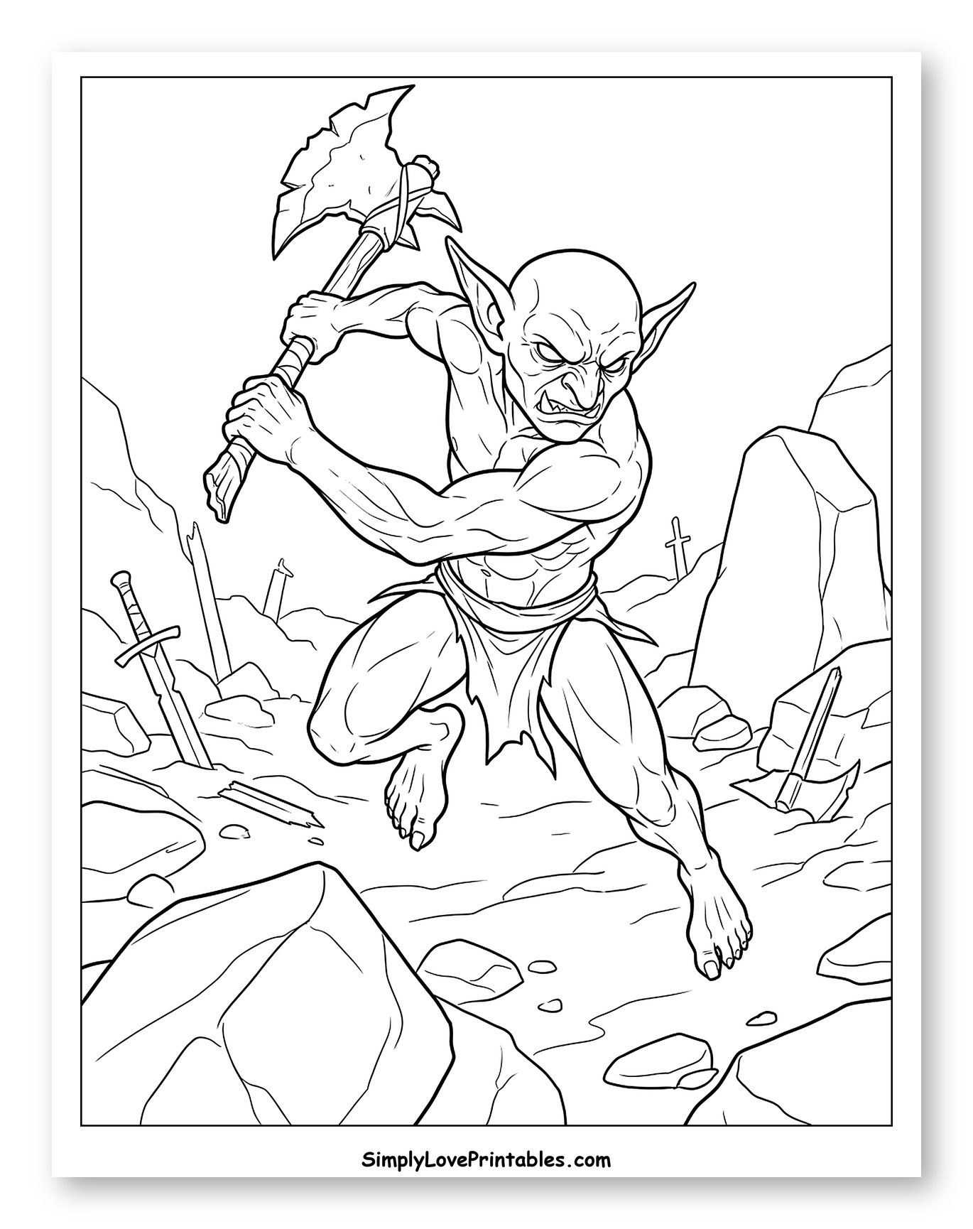 Fierce Goblin Warrior with Axe to Color