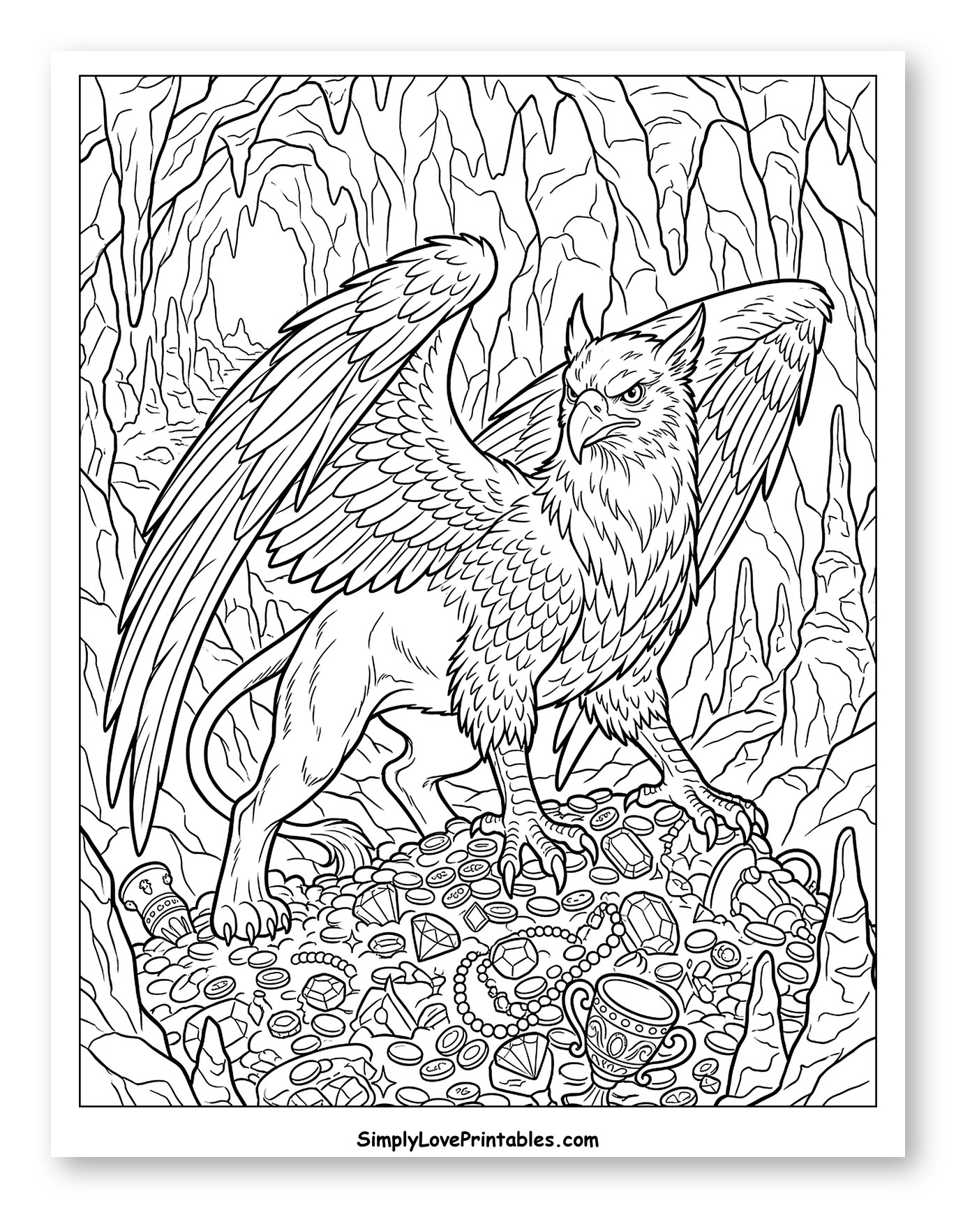 Fierce Griffin Protecting a Pile of Gold to Color