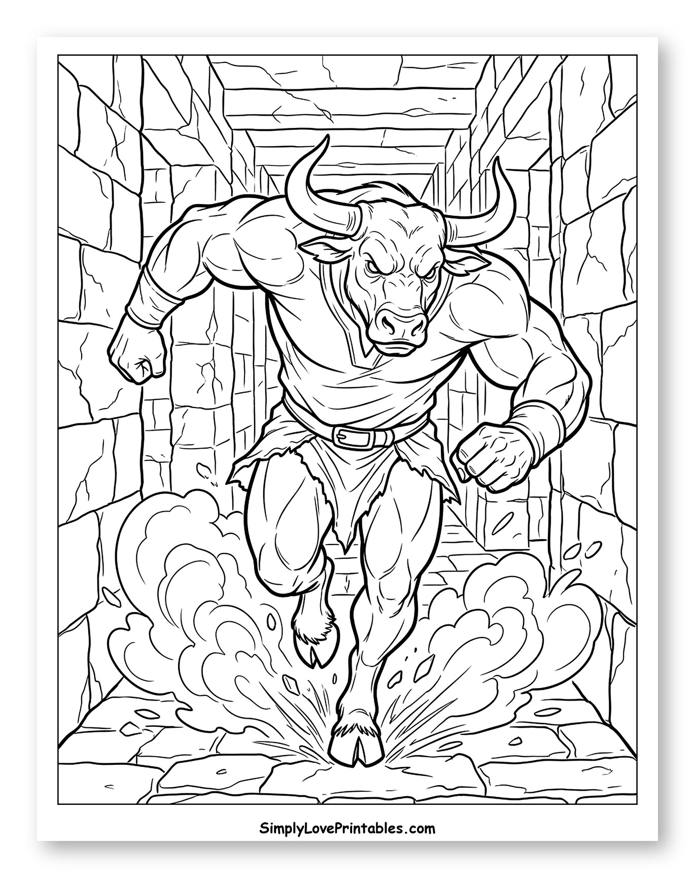 Fierce Minotaur Charging Through Labyrinth Coloring Page