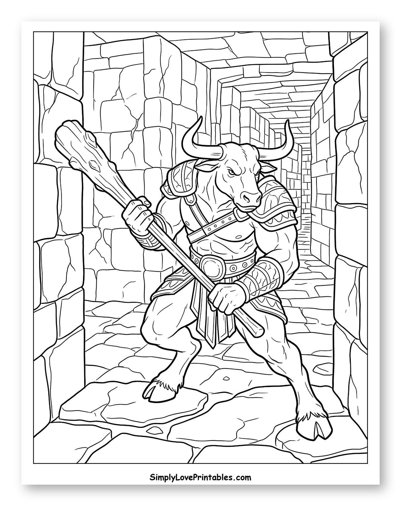 Fierce Minotaur with a Club in Labyrinth Coloring Page
