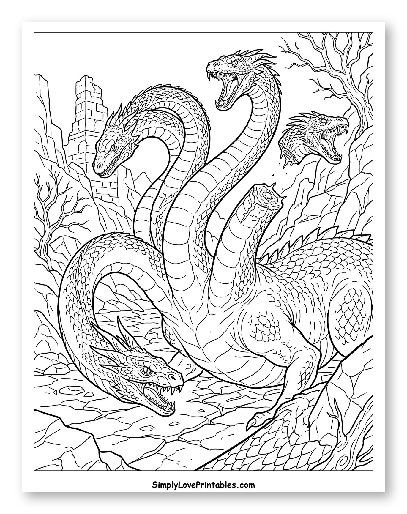 Fierce Multi-Headed Hydra in Ancient Ruins to Color