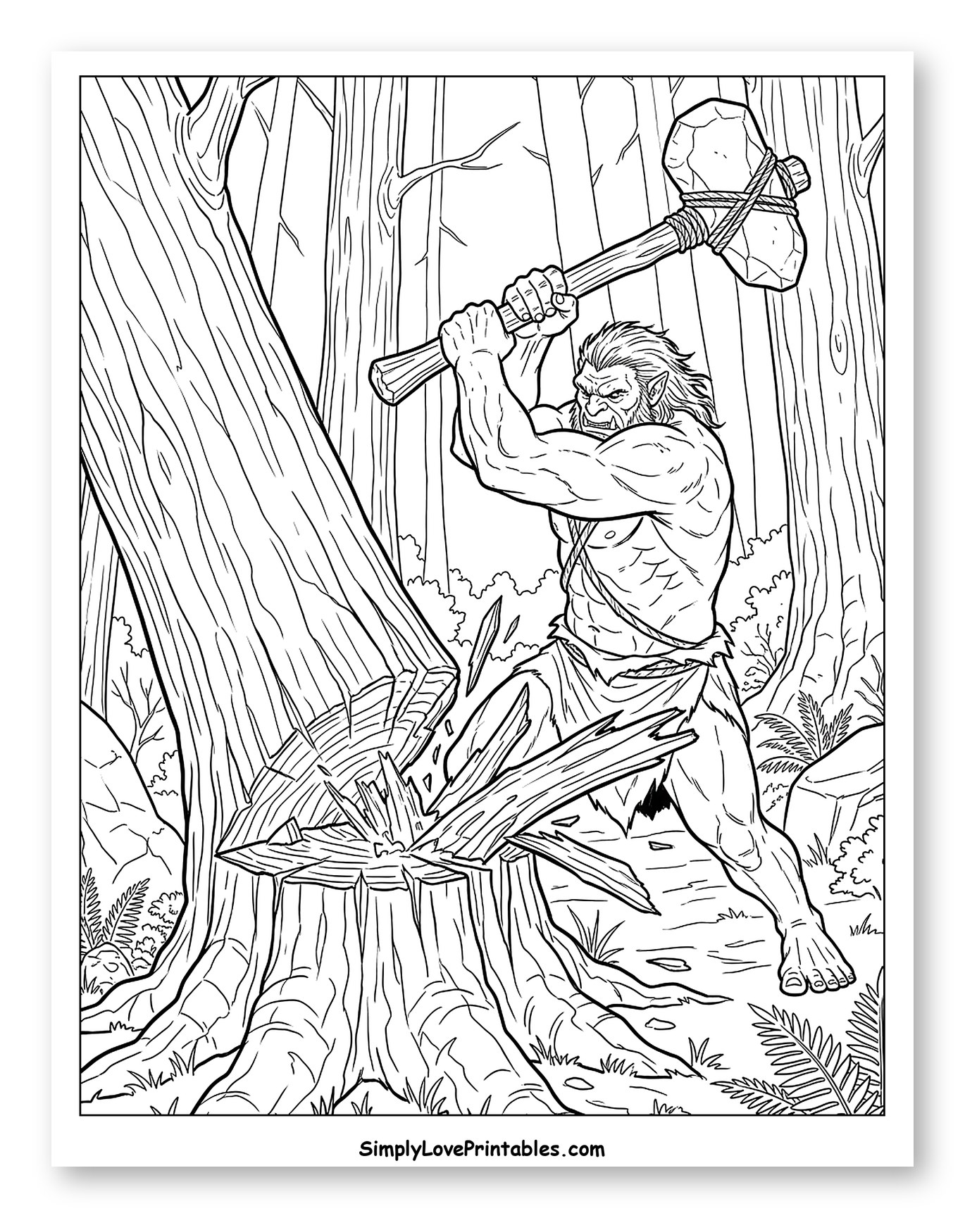 Fierce Troll Chopping Tree with Stone Axe