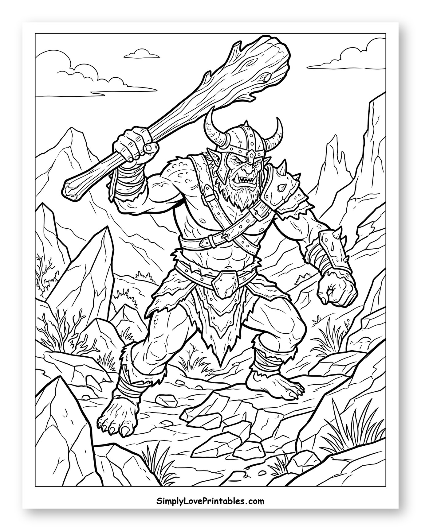 Fierce Troll Warrior with Club in Rocky Mountains to Color