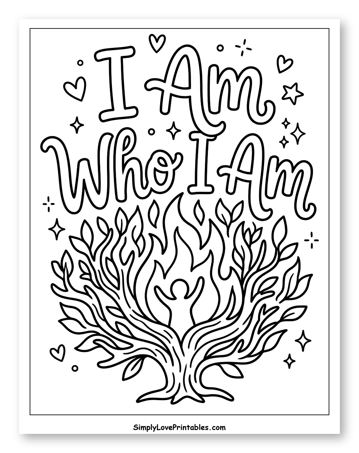 Figure in Burning Bush with 'I Am Who I Am' Coloring Page for Adults