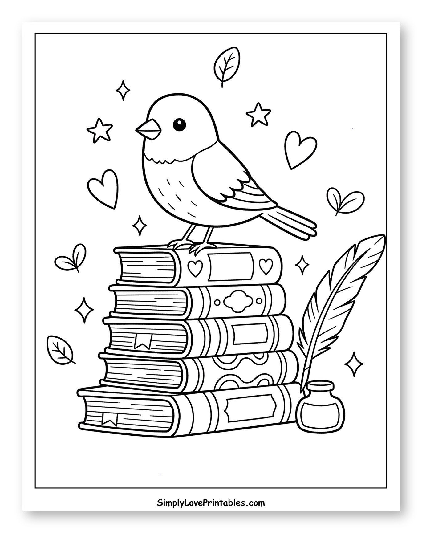 Finch on Books with Quill and Inkwell Coloring Page for Adults