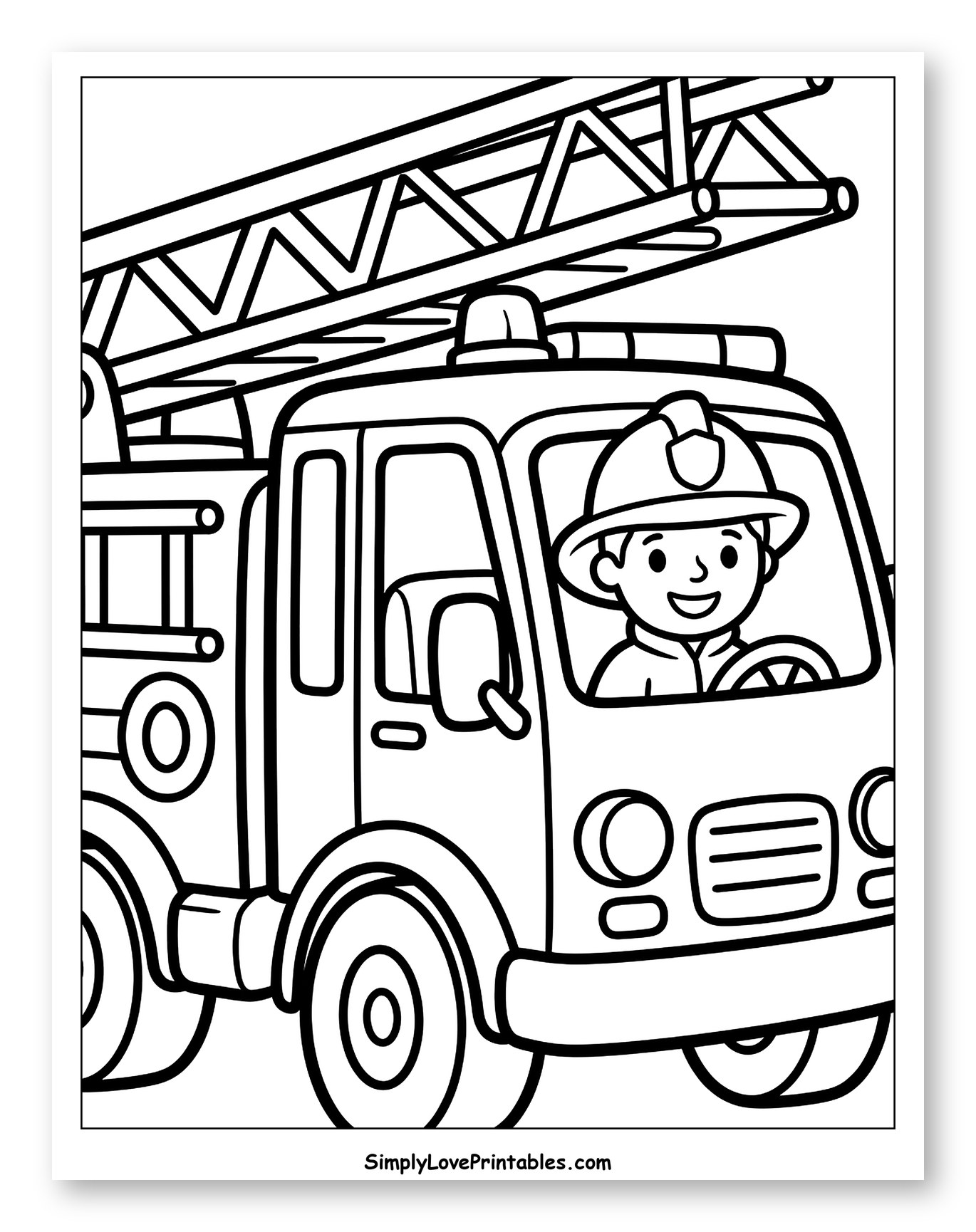 Fireman Driving a Fire Truck to Color for Toddlers