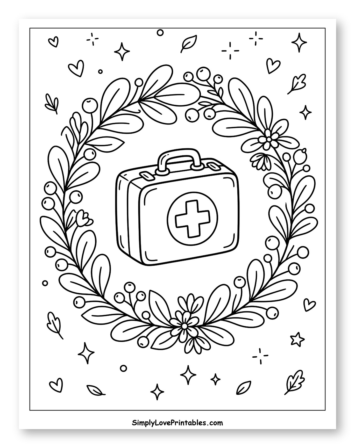 First Aid Kit in Floral Wreath to Color for Adults