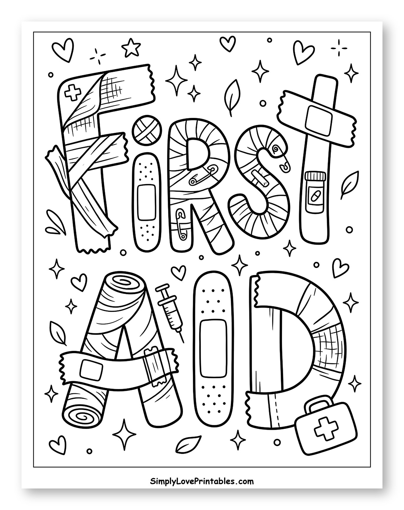 First Aid Lettering with Medical Supplies Coloring Page for Adults