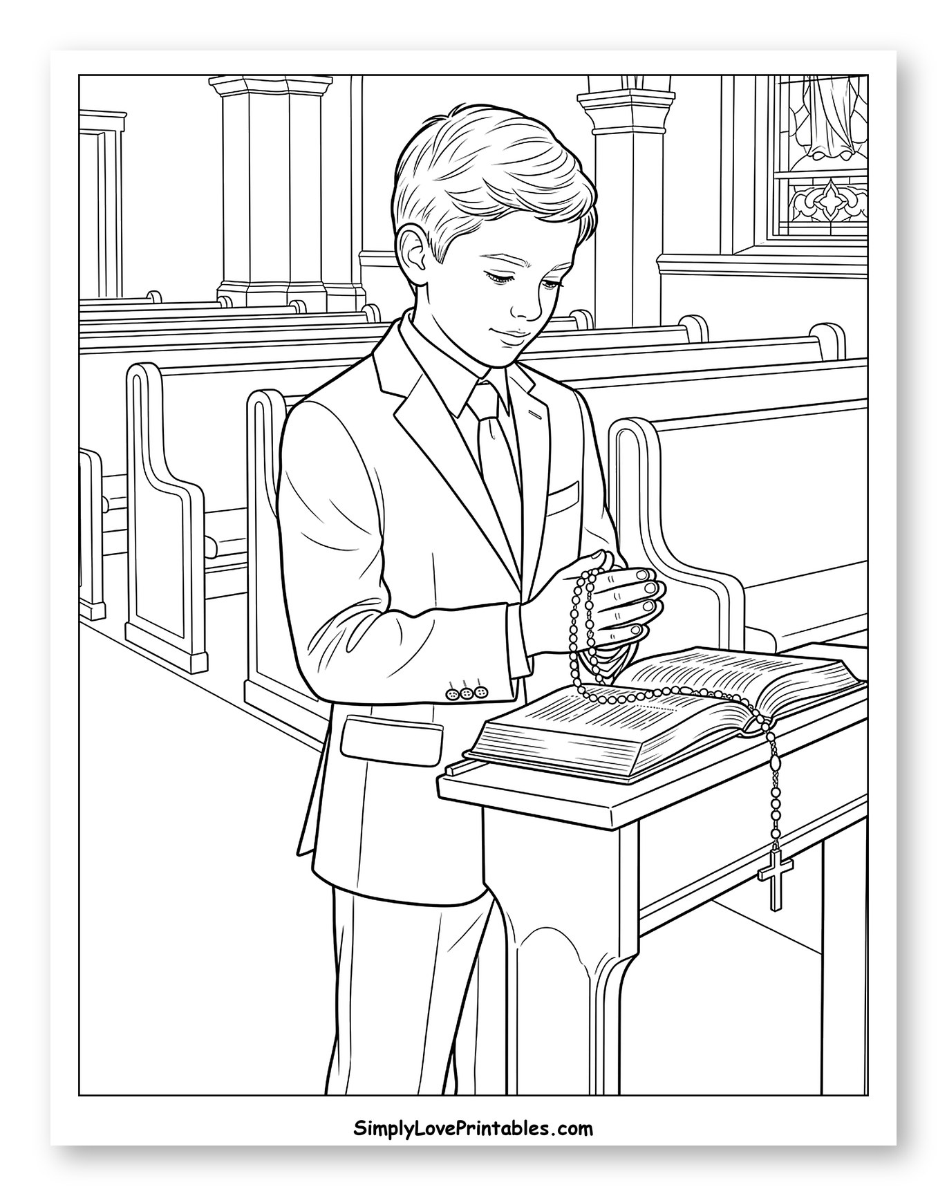 First Communion Boy Praying with Rosary Coloring Page