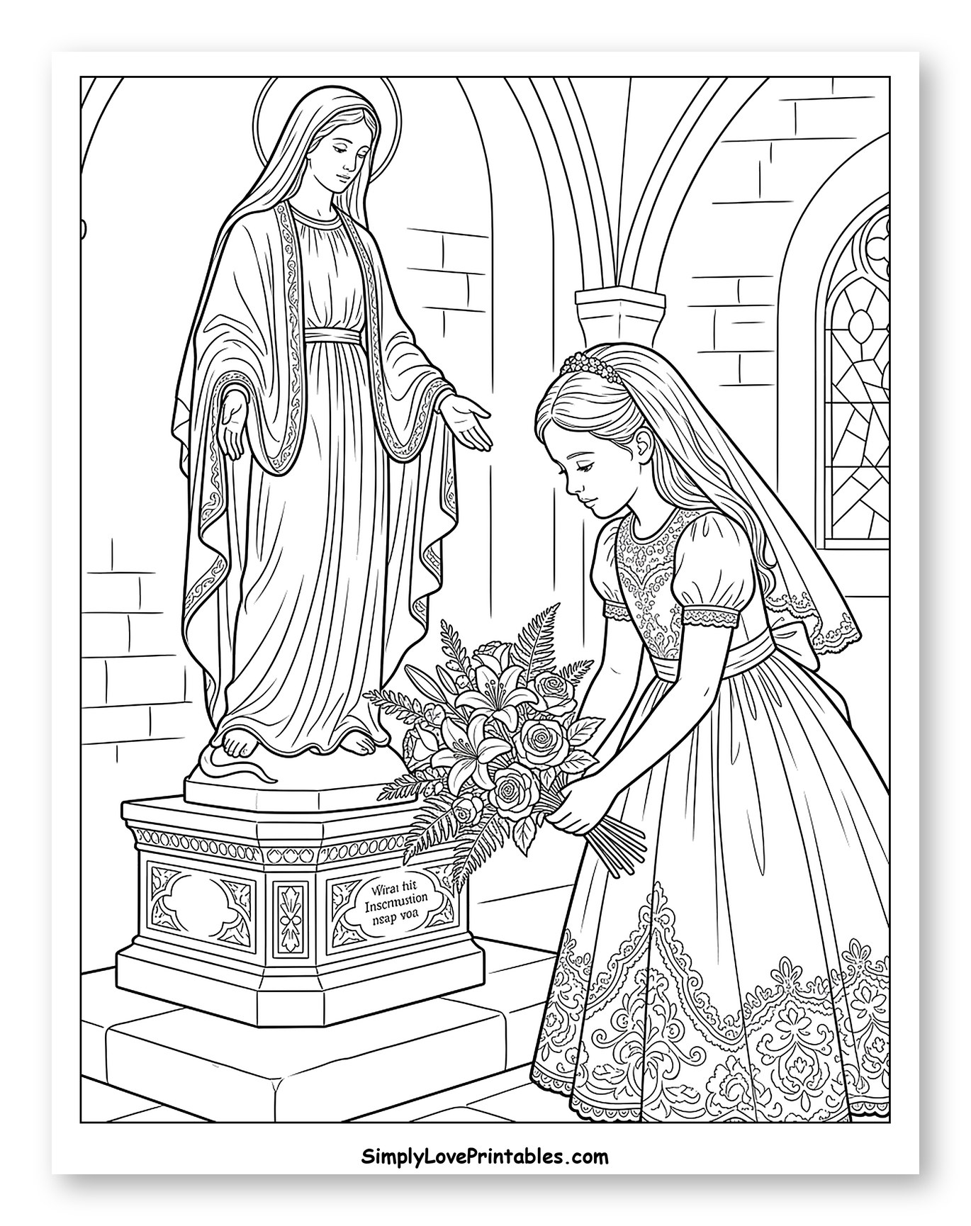 First Communion Girl with Bouquet and Mary Coloring Sheet