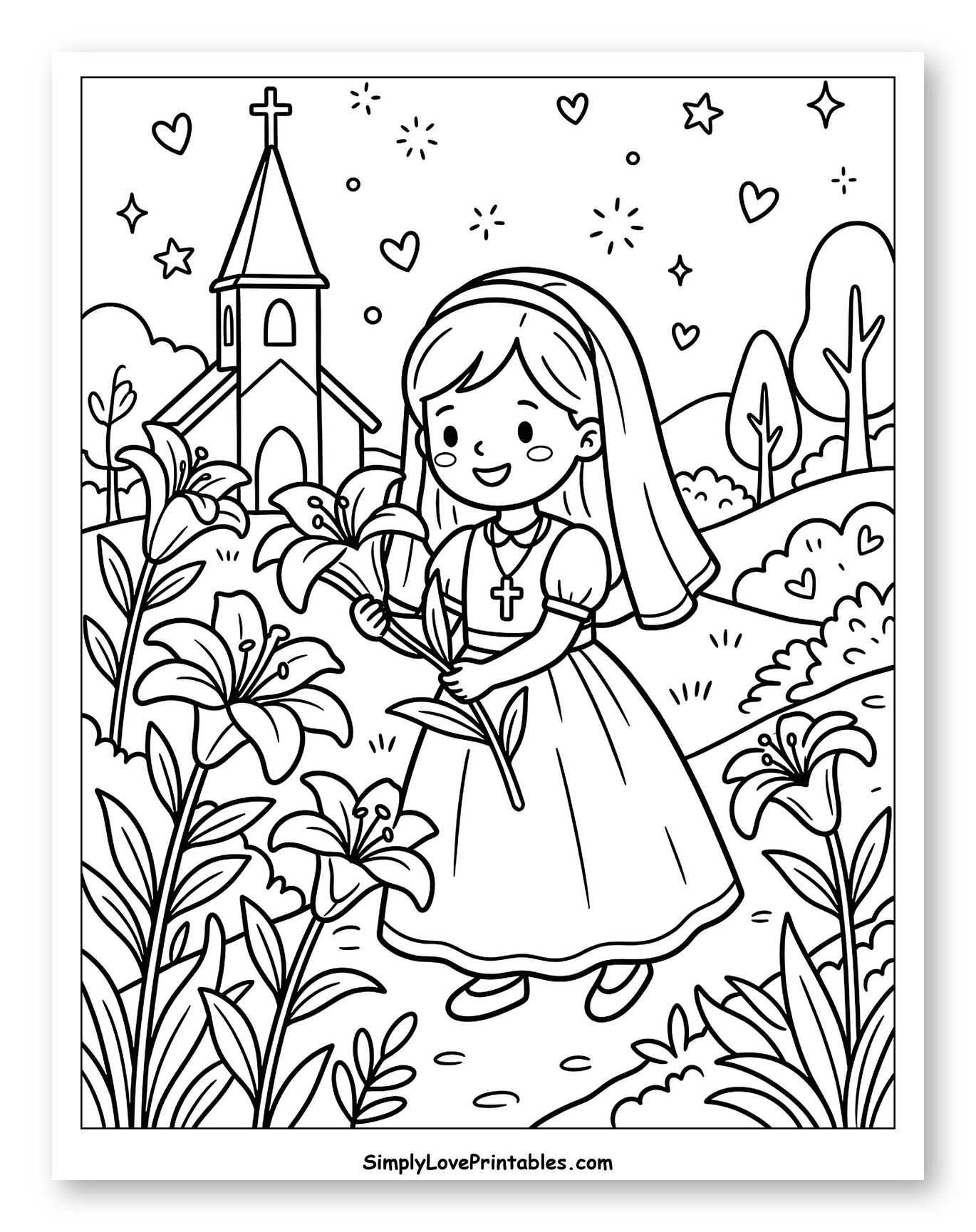 First Communion Girl with Lilies and Church to Color for Adults