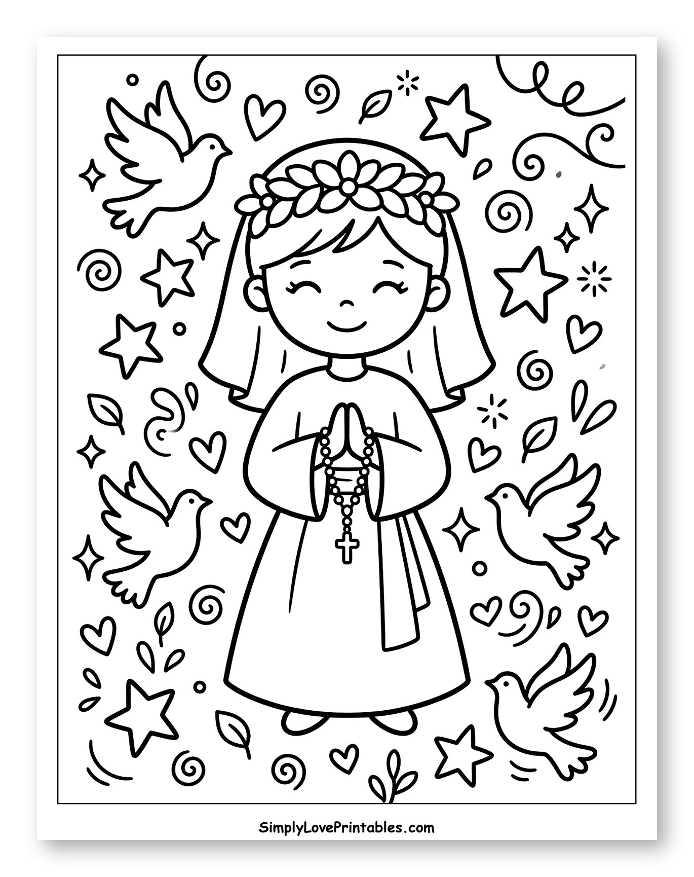 First Communion Girl with Rosary and Doves Coloring Page for Adults