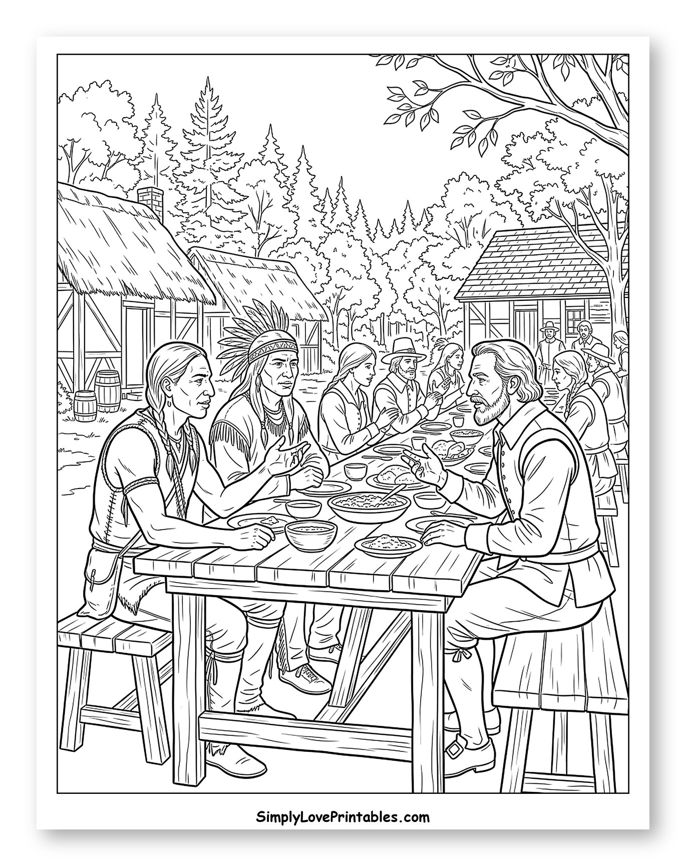 First Thanksgiving Meal with Pilgrims and Native Americans Coloring Sheet