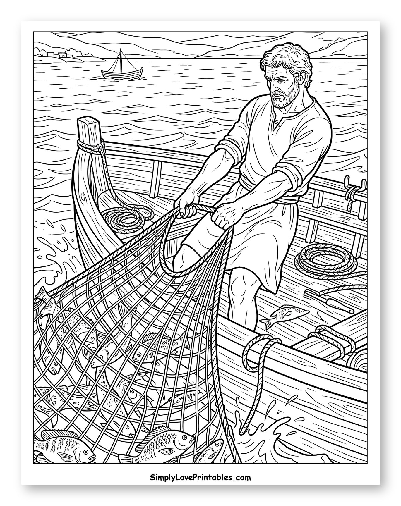 Fisherman Pulling Net Full of Fish to Color