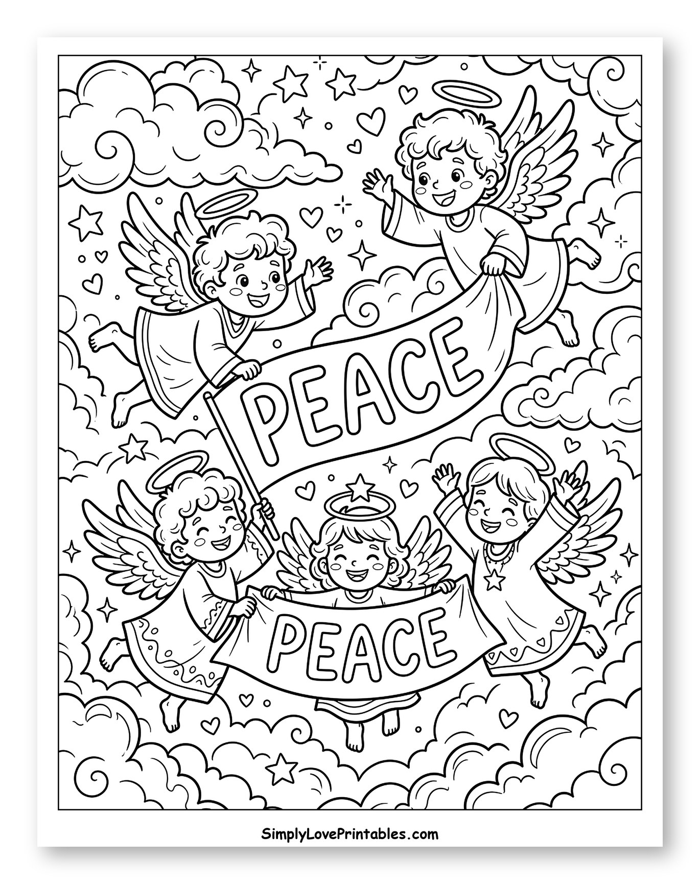 Five Angels Holding Peace Banners Coloring Page for Kids
