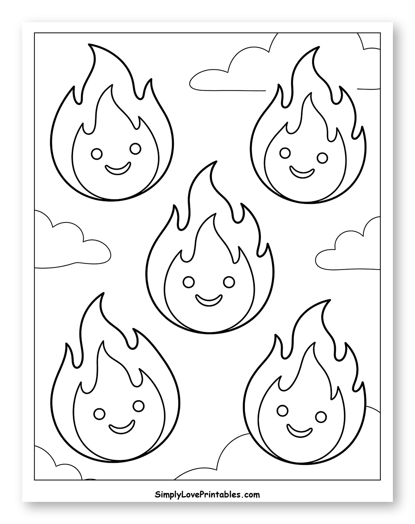 Five Friendly Fire Spirits and Clouds to Color for Kids