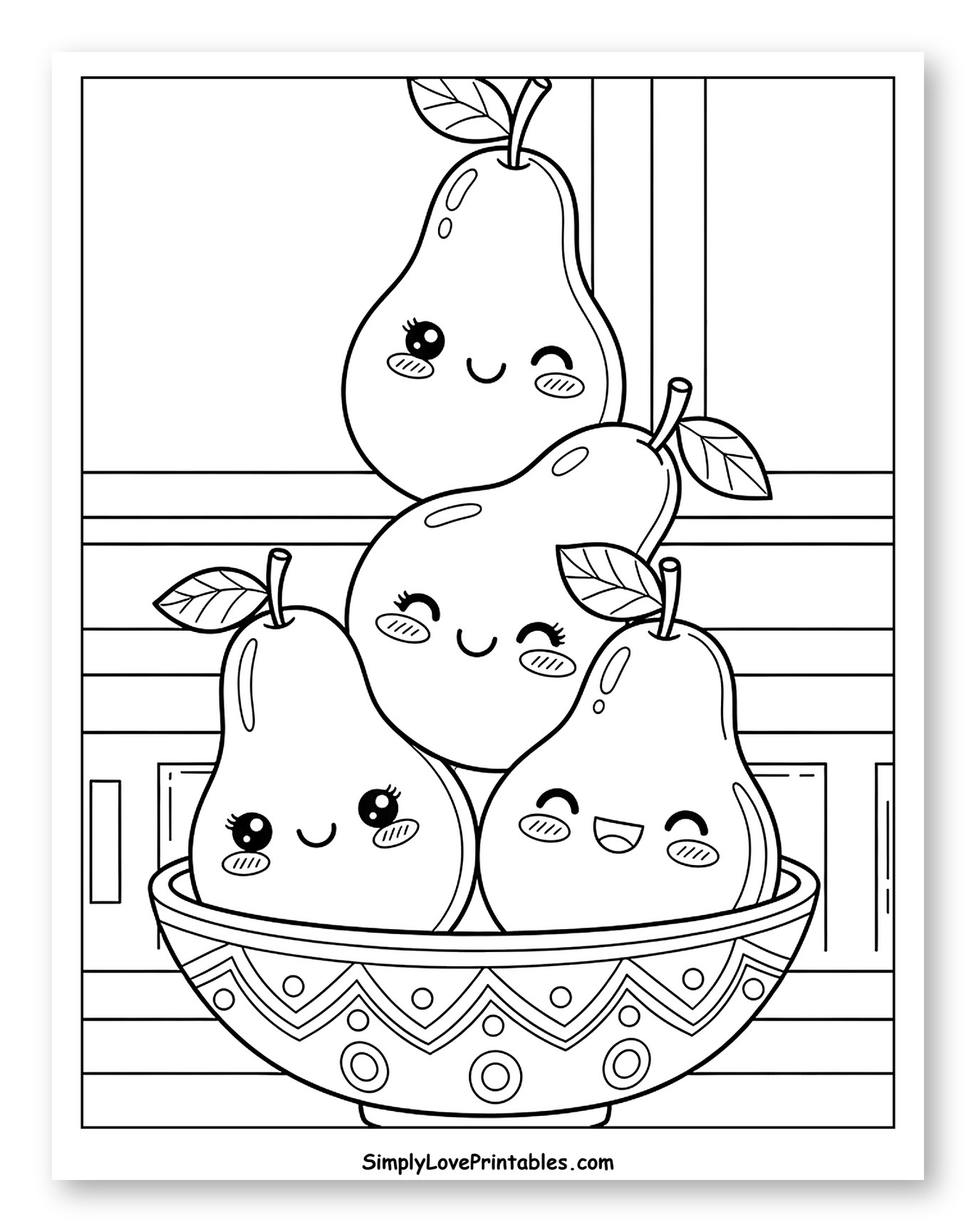 Five Happy Pears in a Decorative Bowl Coloring Page for Kids