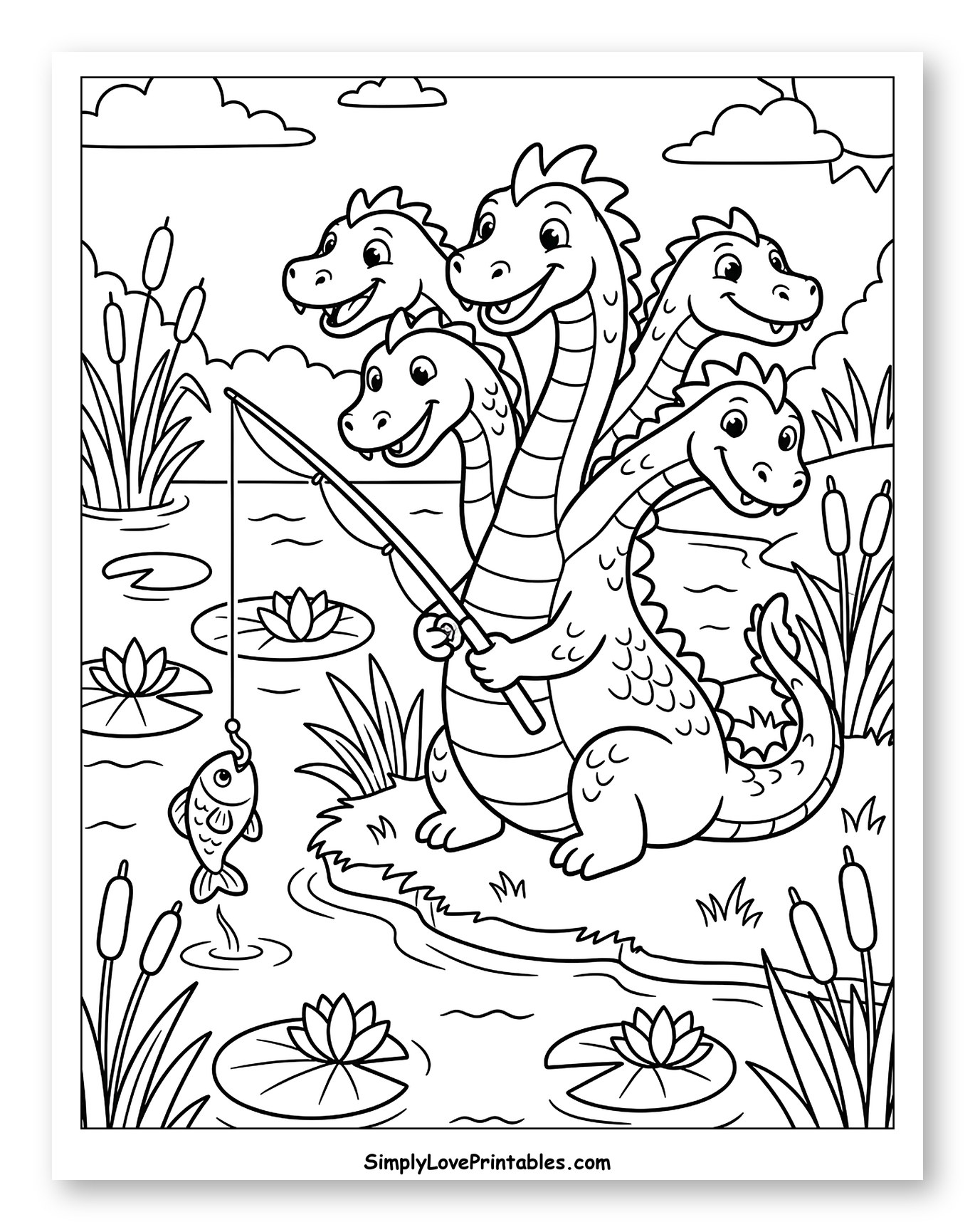 Five-Headed Hydra Fishing in a Pond to Color for Kids