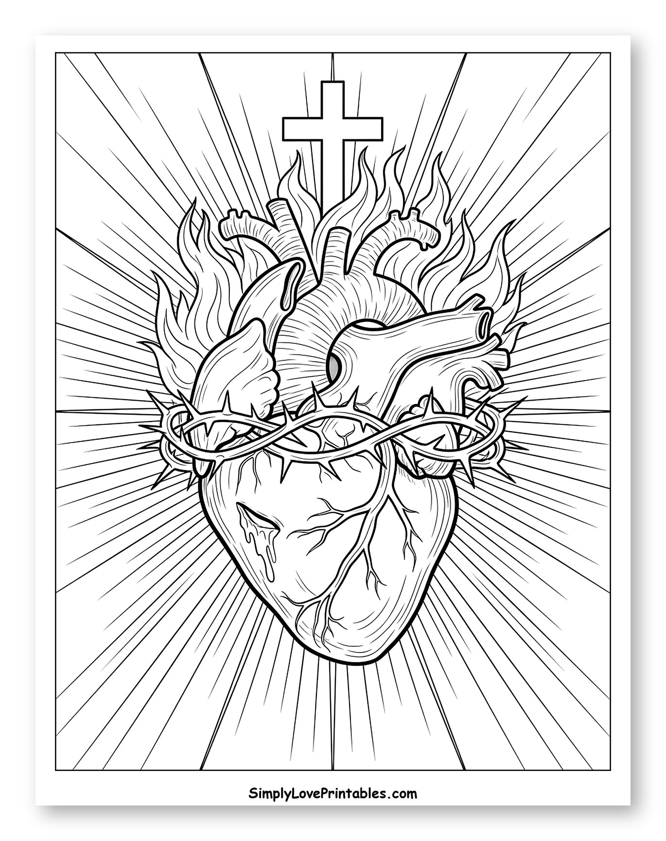 Flaming Sacred Heart with Crown of Thorns and Cross