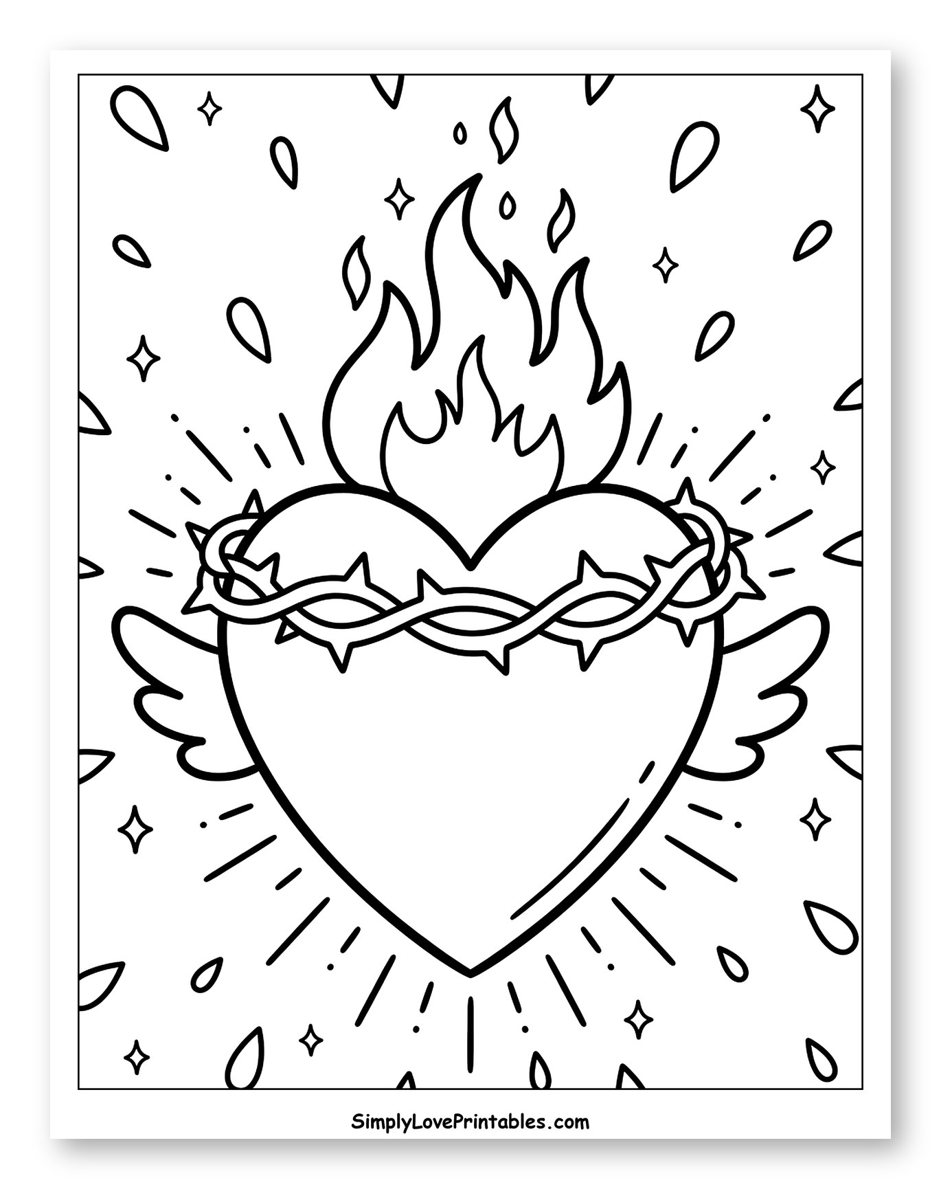 Flaming Sacred Heart with Wings and Thorns