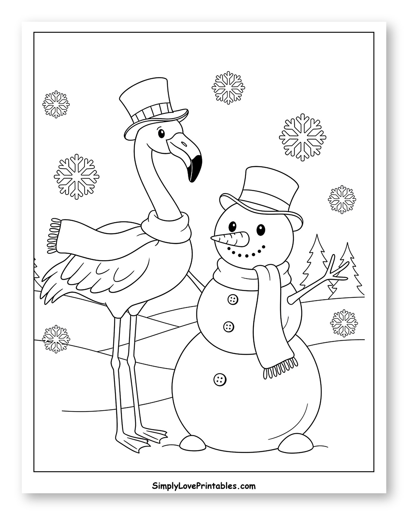 Flamingo and Snowman in Winter Wonderland