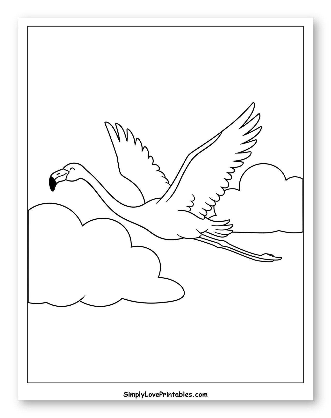 Flamingo Flying Gracefully Amidst Clouds Coloring Sheet for Toddlers