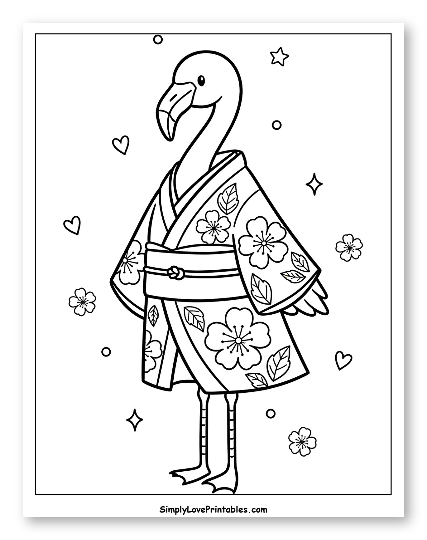 Flamingo in a Kimono with Cherry Blossoms Coloring Sheet for Adults