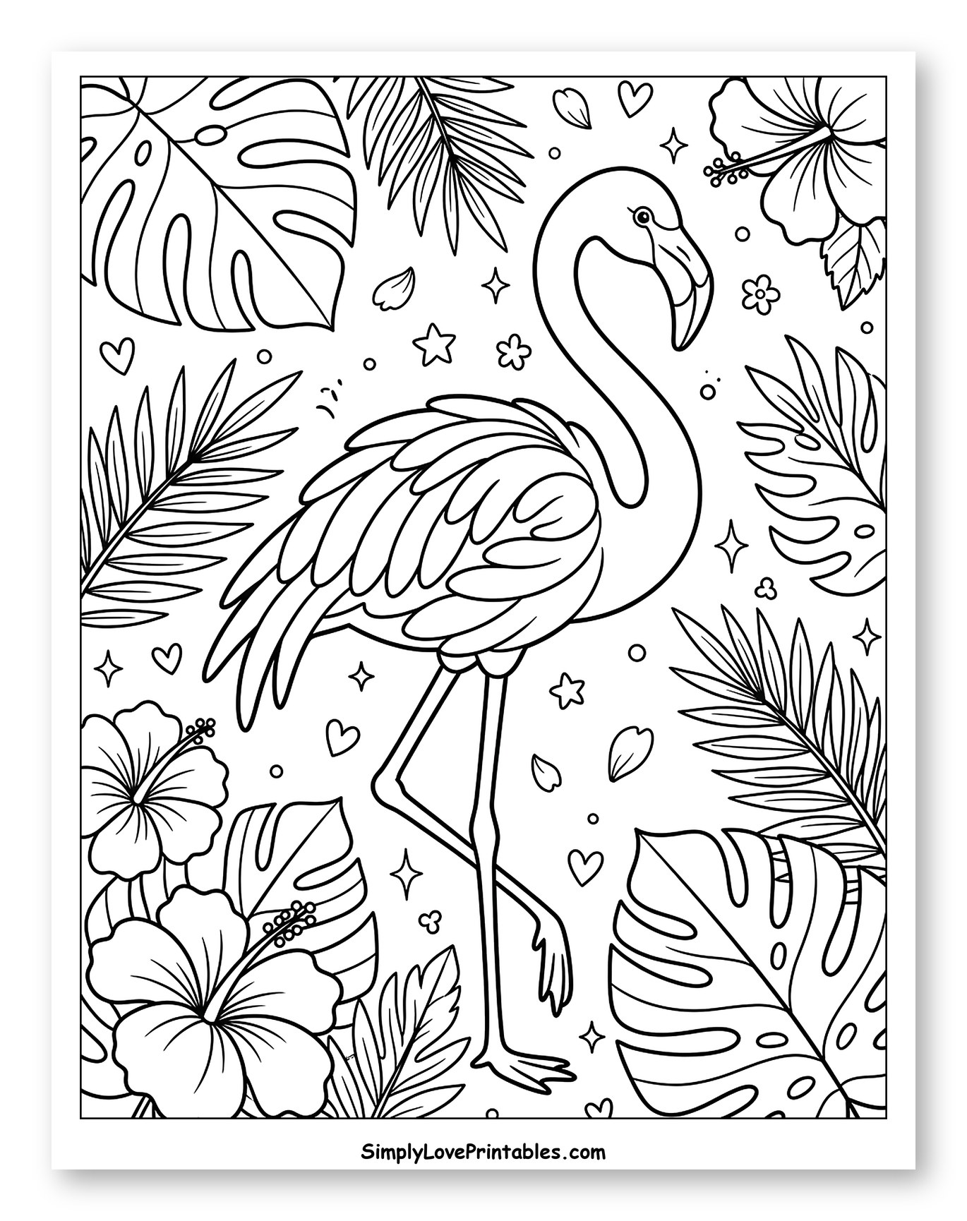 Flamingo in Tropical Leaves and Hibiscus Flowers Coloring Sheet for Adults